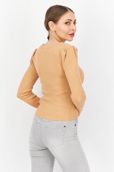 Brave Soul Women Scoop Neck Ribbed Sweater, Tan