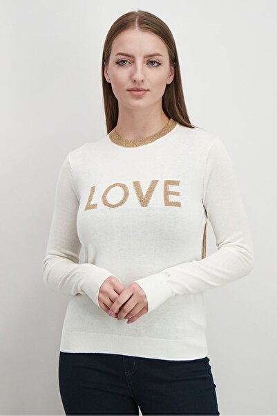 SUN68 سترة Love نسائية برقبة دائرية وأكمام طويلة، لون عاجي