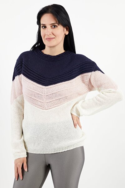 ONE STEP سترة نسائية محبوكة بألوان متعددة، بياقة دائرية، لون أزرق داكن