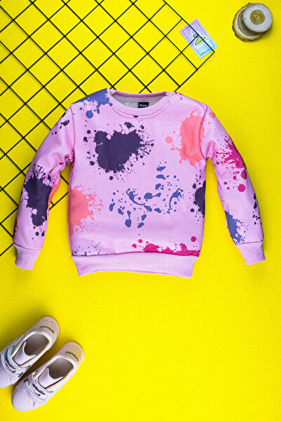 Yalçınoğlu Şardonlu 3 İplik Konforlu ve Şık Kız Çocuk Sweatshirt Takım - Boyalı Eğlenceli Desen 3-9 Yaş