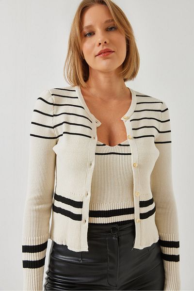 Bianco Lucci Women's Striped Buttoned Double Knitwear Cardigan 20246901