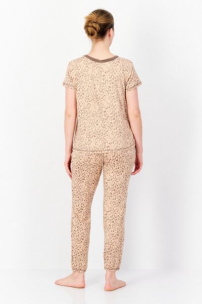 Bearpaw Women 2 Pcs Animal Print Top And Pants Pajama Set, Tan