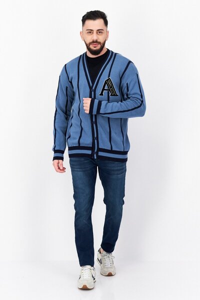 Perry Ellis Men Long Sleeve Embroidered Logo Cardigan Dusty Blue Combo