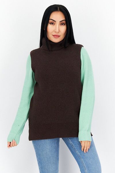 comma Women Mock Neck Sleeveless Textured Sweater, Brown