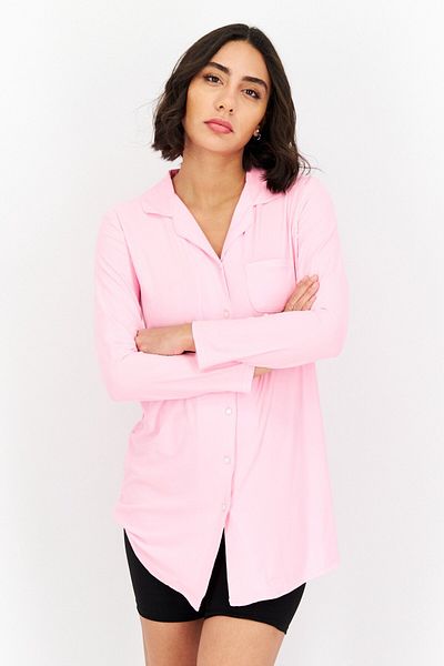 Not A Morning Person Women Long Sleeve Button Front Night Shirt, Pink