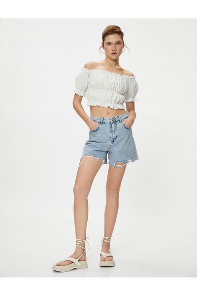 Koton Off Shoulder Μπλούζα Crop Balloon Sleeve Frilly