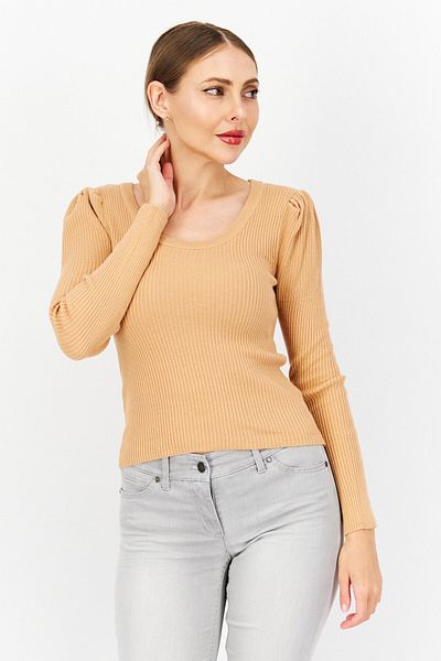 Brave Soul Women Scoop Neck Ribbed Sweater, Tan