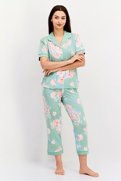 Flora Women 2 Pcs L Print Top And Bottom Pajama Set, Green