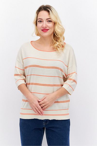 Esprit Women Round Neck Short Sleeve Striped Sweater, Beige Combo