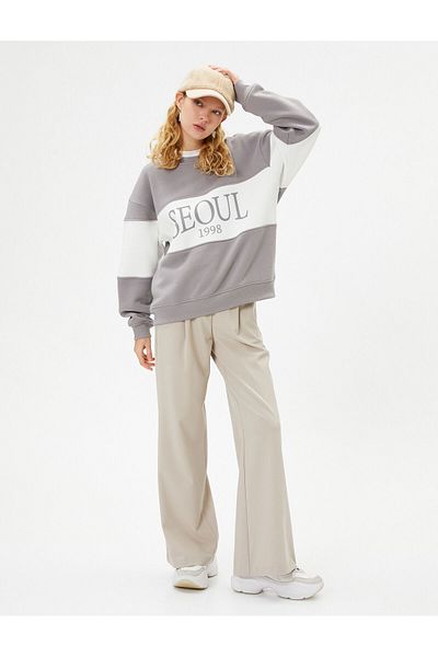 Koton Color Block Printed College Sweatshirt - Long Sleeve, Crew Neck, Cotton Blend