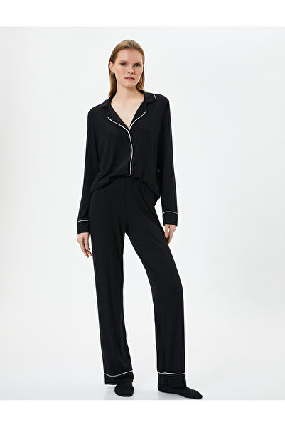 Koton Pajama Bottom Viscose Stripe Detailed Flat Leg with Elastic Waist