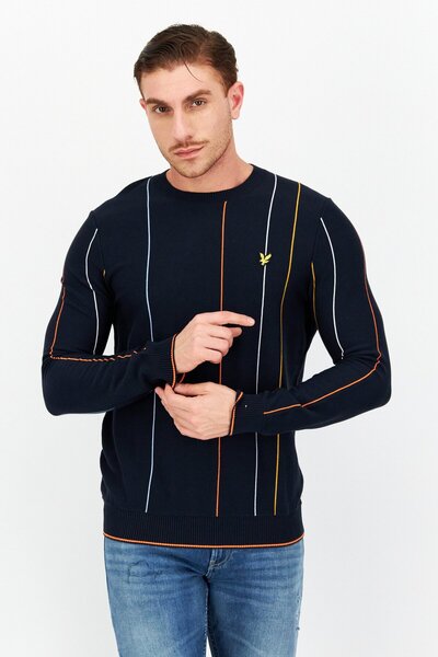 Lyle & Scott Men Crew Neck Long Sleeve Vertical Stripe Sweater, Navy