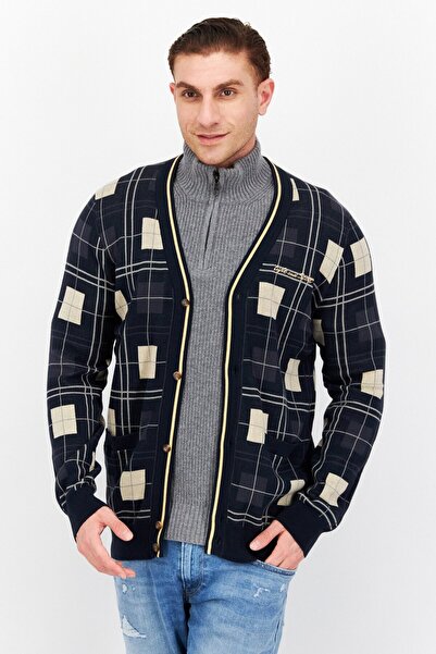 Lyle & Scott Men V Neck Long Sleeve Plaid Cardigan, Navy
