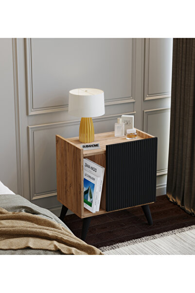 subahome %100 Mdf - 50 Cm Ahşap Dokulu Şık Siyah Kapaklı Komodin Çok Amaçlı D...