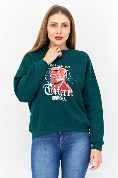 Attack On Titan x DCMJ سويت شيرت نسائي برقبة دائرية وطبعة جرافيكية، أخضر