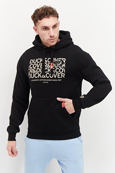 Duck and Cover Men Hood with Drawstring Brand Logo Fleece Sweatshirts, Black