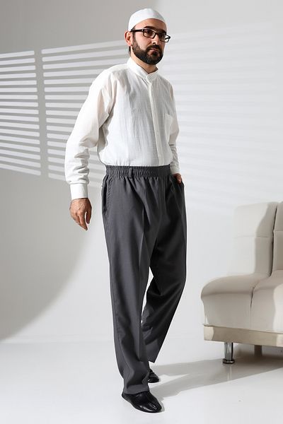 ihvanonline Men's Elastic Waist Pocket Winter Wool Effect Fabric Baggy Trousers - Gray (Isr)