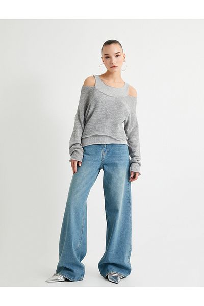 Koton Thin Knitwear Sweater Double Layer Off-the-shoulder Round Neck Long Sleeve