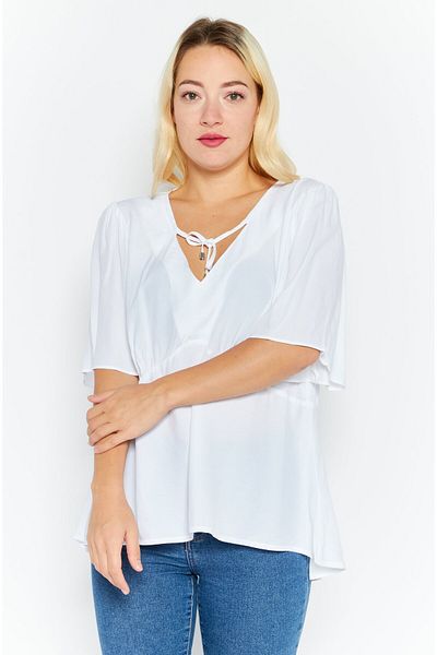 Esprit Women Tie Neck Short Sleeves Solid Blouse, White