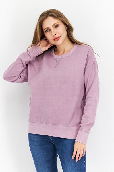 Weatherproof سويت شيرت نسائي سادة بأكمام طويلة وياقة دائرية، أرجواني