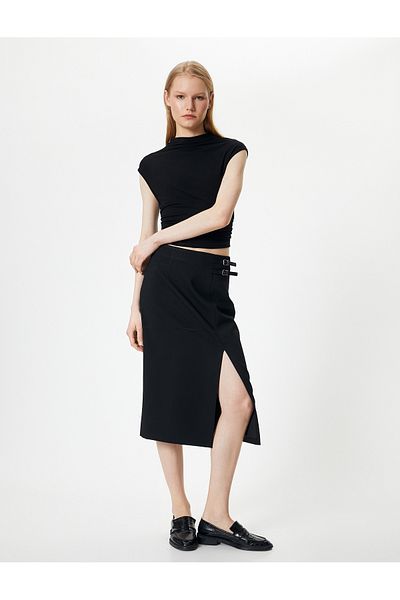 Koton Midi Skirt Slit Detailed Buckle Normal Waist