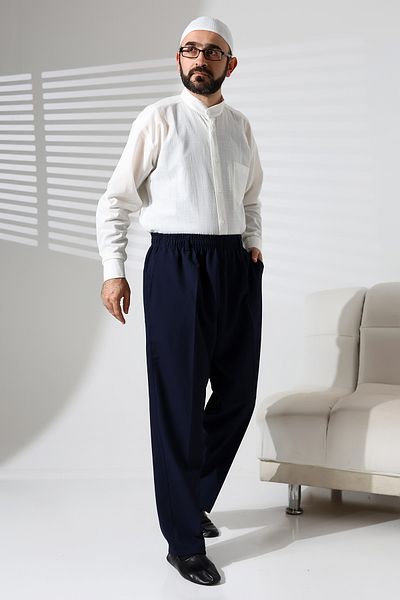 ihvanonline Men's Elastic Waist Pocket Winter Wool Effect Fabric Baggy Trousers - Navy Blue (Isr)