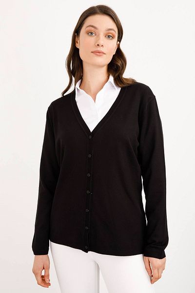 Desen Triko Black Lycra V-Neck Long Sleeve Women's Cardigan