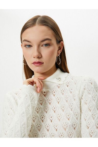 Koton Polo Collar Openwork Knitwear Sweater Slim Fit Soft Textured Pearl Brooch Detailed