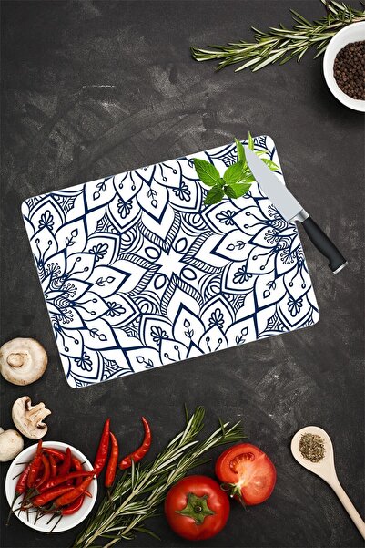 Saban لوح تقطيع زجاجي منقوش باللون الأزرق الداكن مقاس 30 × 40 سم