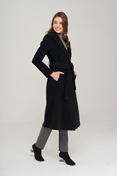 Olcay Pásek v pase, léga na rukávu, středně dlouhý kabát na patentky ČERNÁ 3912