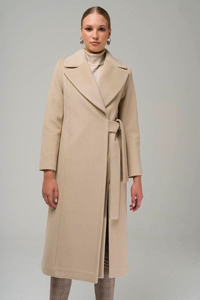 Olcay Zweireihiger mittellanger Mantel mit Taillengürtel und Schlitz vorne, BEIGE 3944
