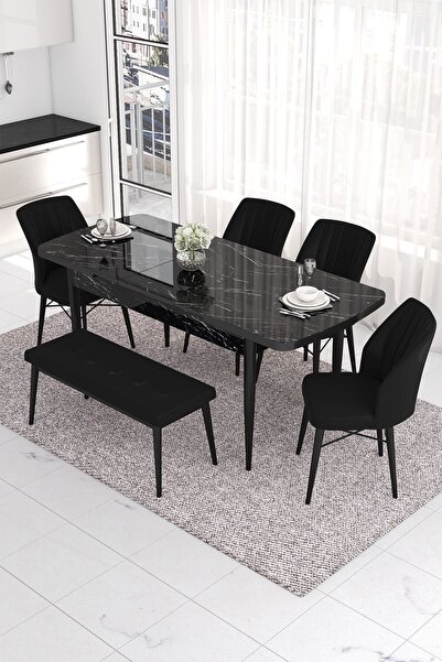 Canisa Eva Serisi 80x132 Açılabilir Mdf Mutfak Masası Takımı Siyah Mermer Masa 4 Siyah Sandalye 1 Bench