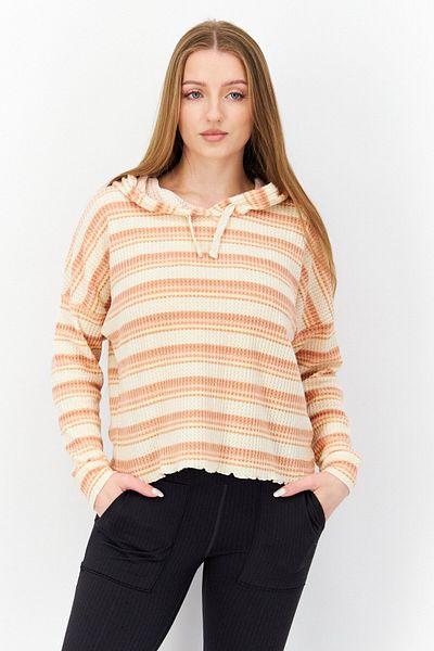 Roxy Women Hooded Long Sleeve Stripe Crop Sweatshirt, Beige Combo
