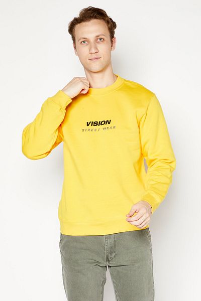 Vision Street Wear Men Crew Neck Embroidered Logo Long Sleeve Sweatshirt, Yellow