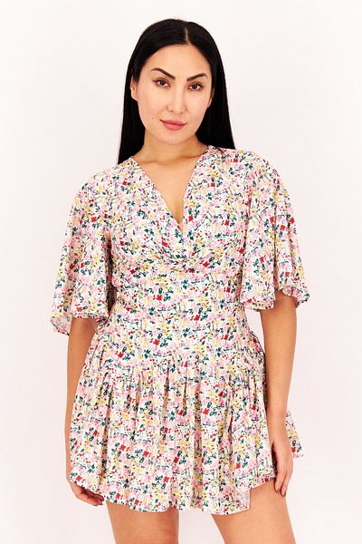 Love Triangle Women Tie Neck Short Sleeve Floral Playsuit, White Combo