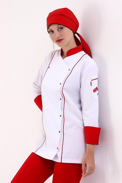 Bilenn Tekstil Women's Chef Jacket 01 - White-Red Piping
