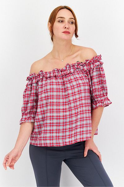 Tommy Hilfiger Women Off Shoulder Short Sleeves Checkered Print Top, Red Combo