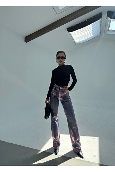 SQUALO Silver Shiny Wide Leg Covering Jean Pantalon-36