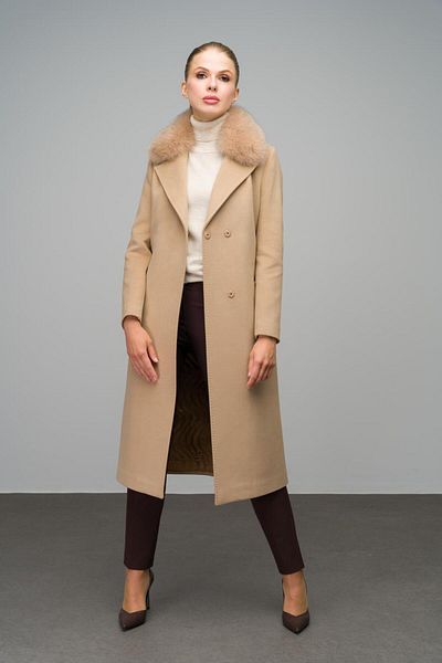 Olcay Punto Stitched Cashmere Coat with Fur Collar A.Kamel 3542-Tk