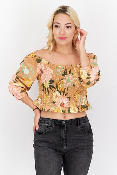 Roxy Women Off Shoulder Floral Print Top, Brown Combo
