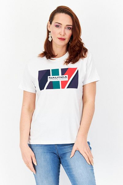 Nautica Women Crew Neck Short Sleeve Printed T-shirt, White Combo