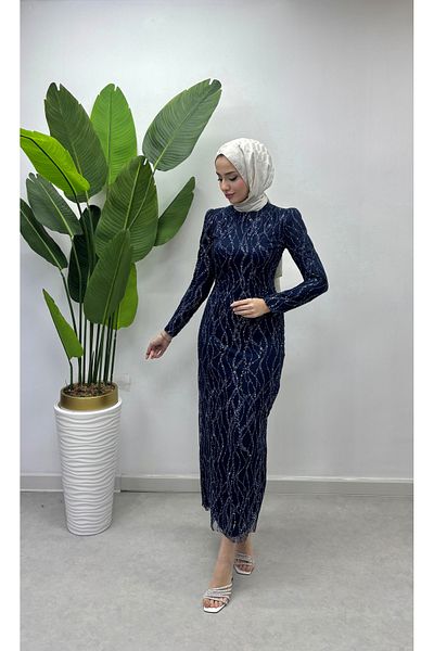 Trendy Butik Navy Blue Women's Embroidered Hijab Evening Dress