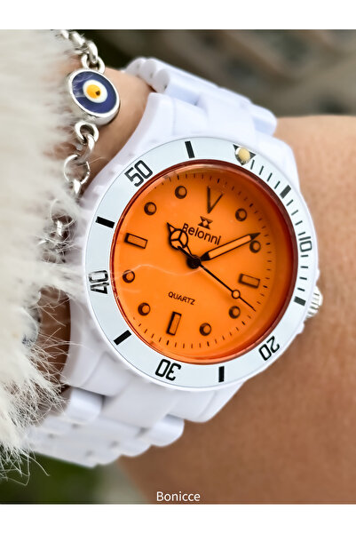 Belonni Brand Lightweight Plastic Band, White Color, Women's Wrist Watch + Bracelet