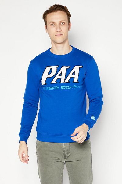 Pan Am Men Crew Neck Long Sleeve Embroidered Logo Sweatshirt, Blue