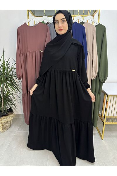 R&S modibone Black Two-Layer Gathered Dress and Shawl Suit - Hijap and Abaya (Suitable for Hajj and Umrah)