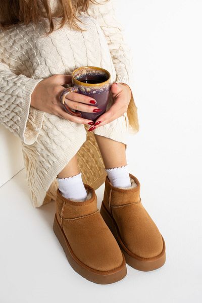 Seniorah Mely Tan Suede Thick Sole Women's Boots with Fur Inside