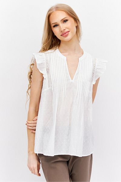 Esprit Women Plunging Neck Flutter Sleeves Embroidered Blouse, White