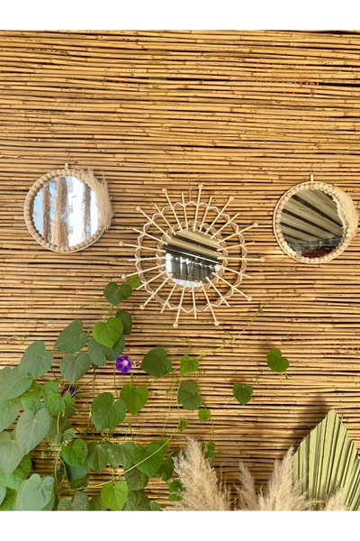 kattuna Bohem Bambu ve Boncuk Ayna Duvar Dekorasyon Ürünü 3’lü Set
