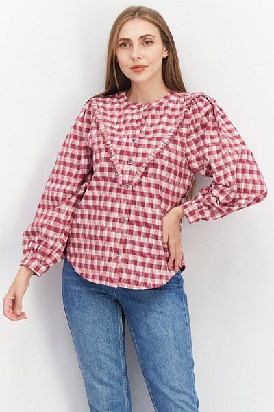 Joie Women Crew Neck Long Sleeve Checkered Blouse, Burgundy