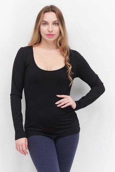 XOXO Women Scoop Neck Plain Long Sleeves T-Shirt, Black